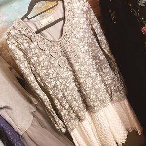 Long-Sleeved Lace Dress with White Lace Skirt